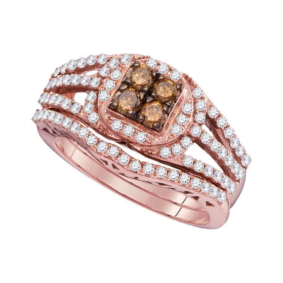 Size 7 - 10k Rose Gold Round Chocolate Brown Diamond Bridal Wedding Engagement Ring Band Set 1 Cttw