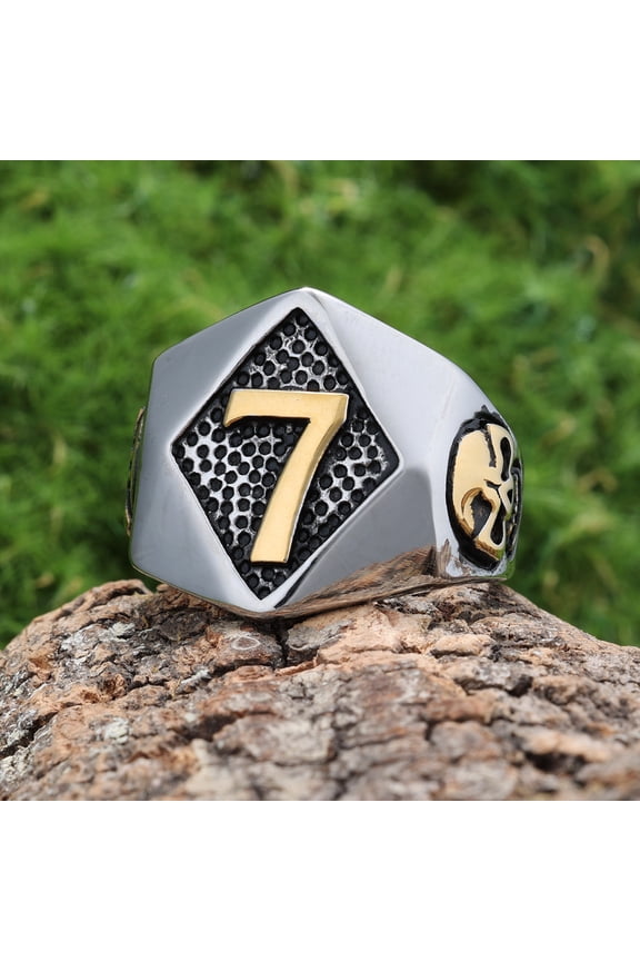 Size 7-15 Number 7 Skeleton Ring 14K White Gold Cool Fashion Men Biker Ring