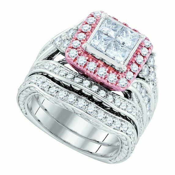 Size - 7.5 - Solid 14k Rose And White Gold Princess Cut Round White Diamond Bridal Square Shape Solitaire Halo Engagement Ring with Curved Matching Wedding Band (2.84 cttw)