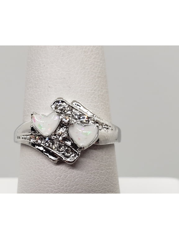 Size 7.5, White Fire Opal Double Heart Ring