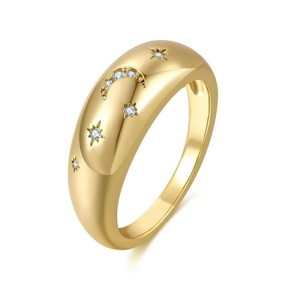 Size 7 CZ Moon Star Burst Chunky Ring for Women Crystal Croissant 18K Gold Plated Finger Bands Wide Statement Rings