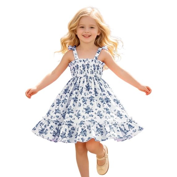 Size 7 Girls Dresses , Summer Dresses Girls,Girls Floral Print Smocked Dress With Bow And Ruffled Design For Occasions And Outdoor