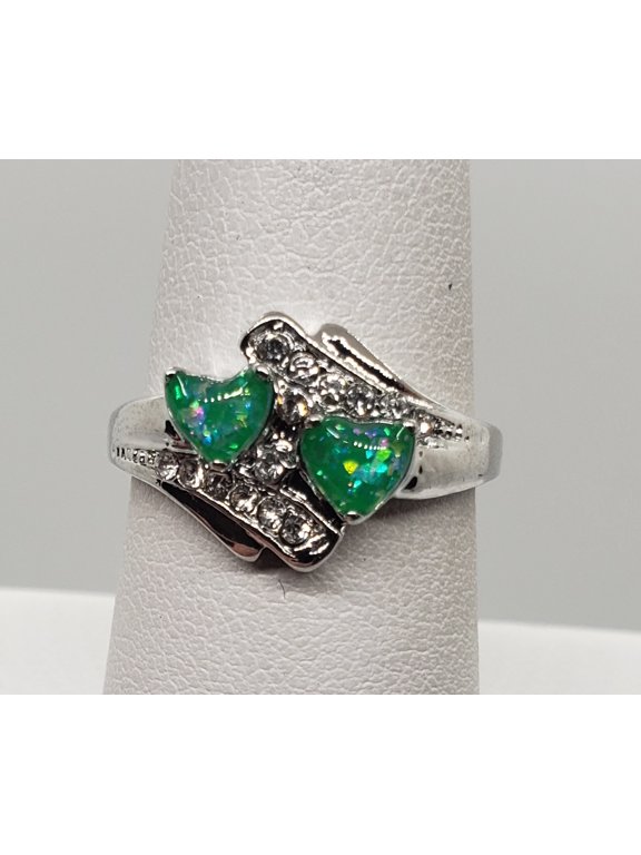 Size 7, Green Fire Opal Double Heart Ring
