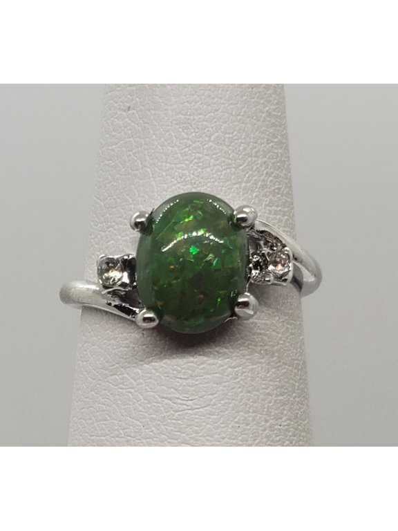 Size 7, Green Fire Opal Silver Ring