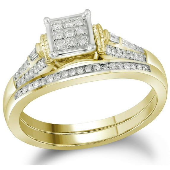 Size - 7 - Solid 14k Yellow Gold Round Baguette White Diamond Bridal Square Shape Solitaire Engagement Ring with Matching Wedding Band (1/5 cttw)