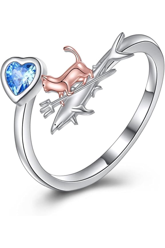 Size 7 Star of David/Cat Sterling Silver Adjustable Open Ring - Shark Jewelry For Women - Shark Lovers Gift