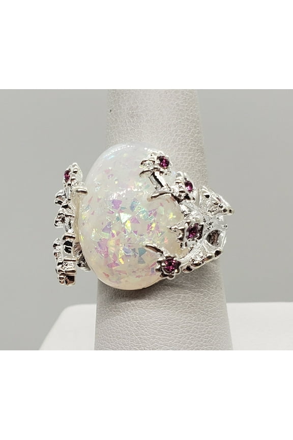 Size 7, White Fire Opal Flower Silver Ring
