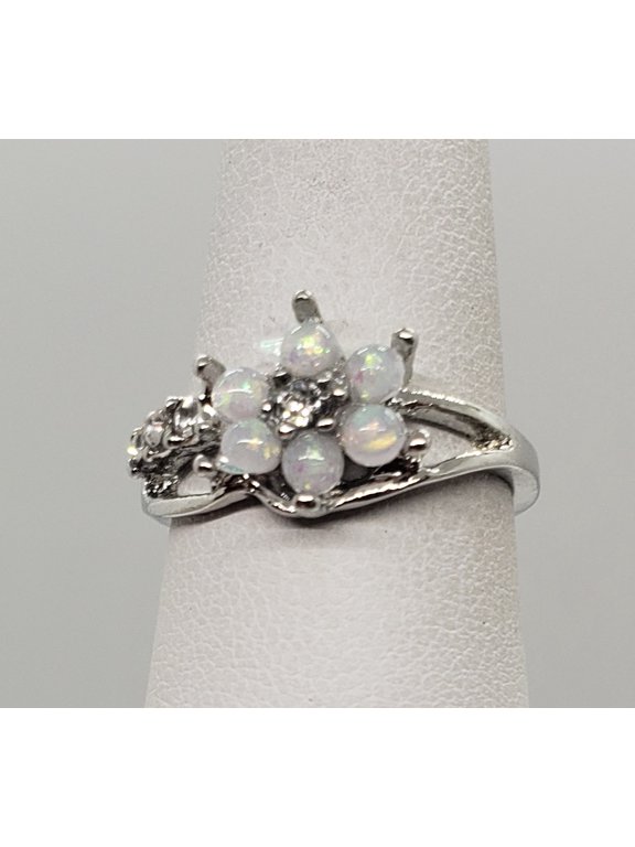 Size 7, White Fire Opal Topaz Flower Ring