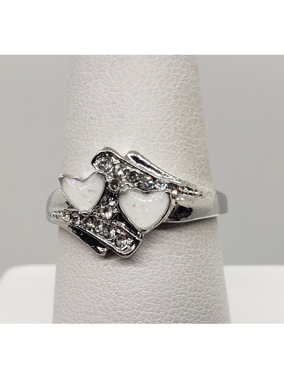 Size 8, White Fire Opal Double Heart Ring