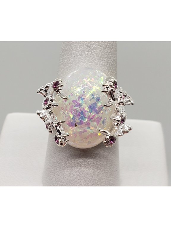 Size 8, White Fire Opal Flower Ring