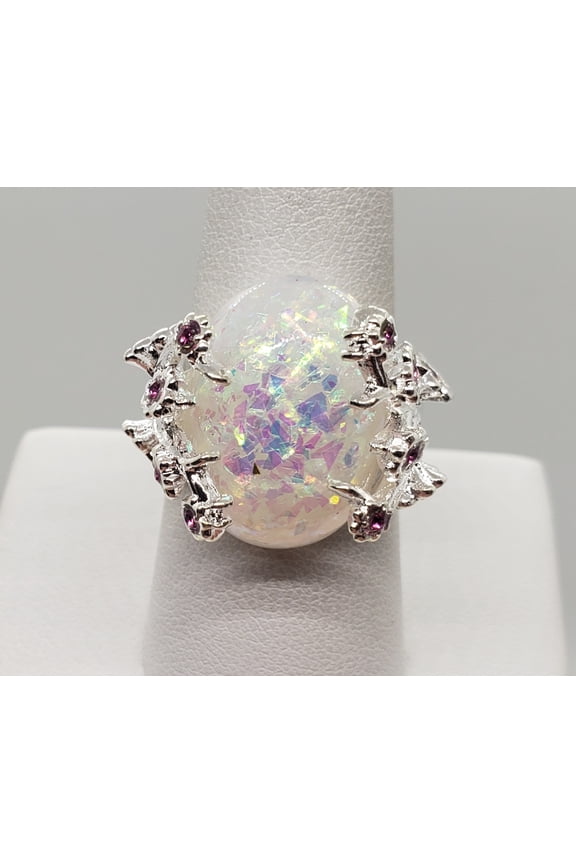 Size 8, White Fire Opal Flower Ring