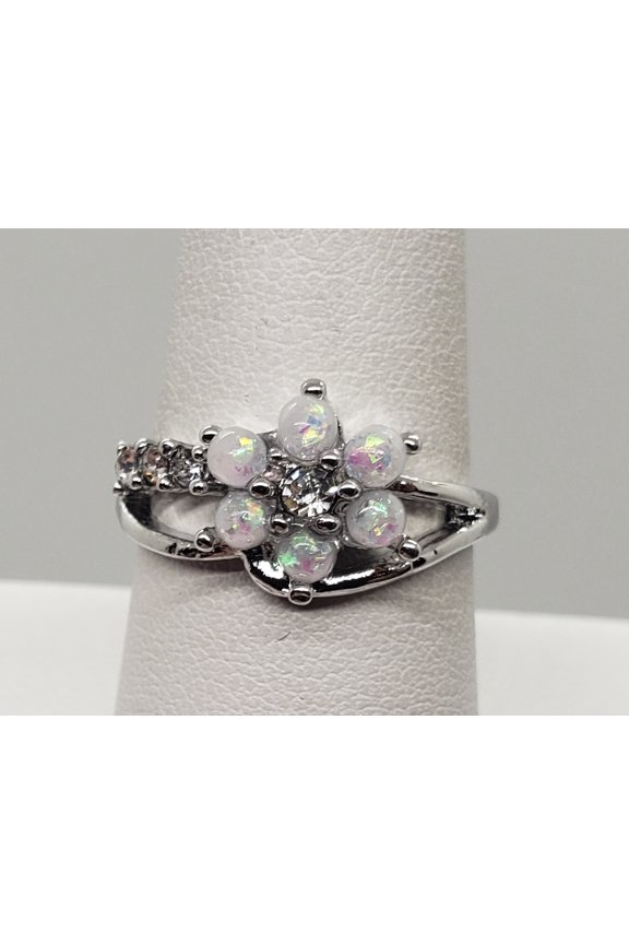 Size 8, White Fire Opal Topaz Flower Ring