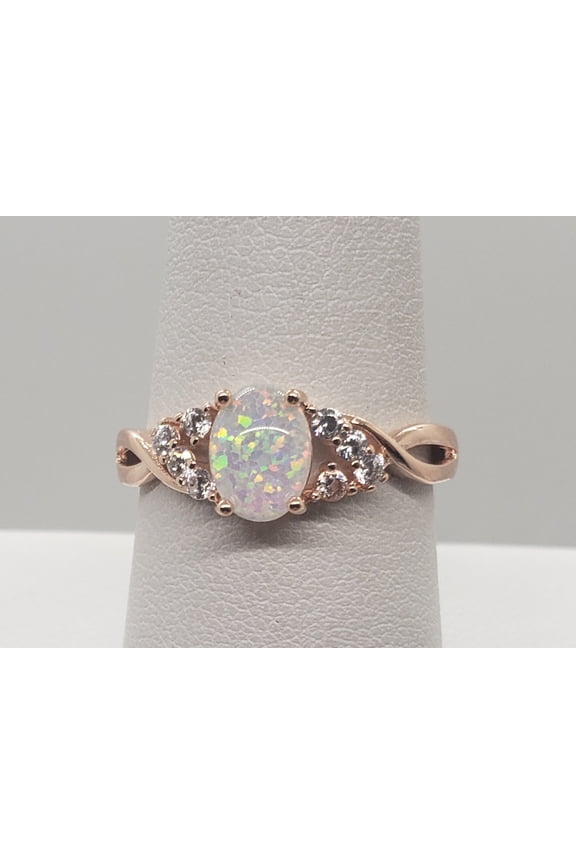 Size 8, White Fire Opal Topaz Rose Gold Ring