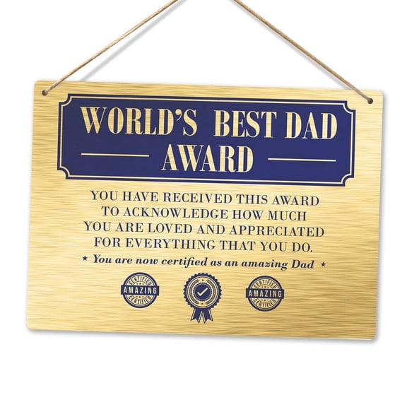 Size: 8x12 inches Metal Wall Sign World's Best Dad Award Gold Metallic Plaque Father's Day Cute