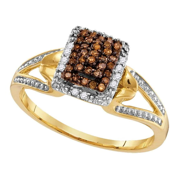 Size 9 - 10k Yellow Gold Round Chocolate Brown Diamond Cluster Ring 1/6 Cttw