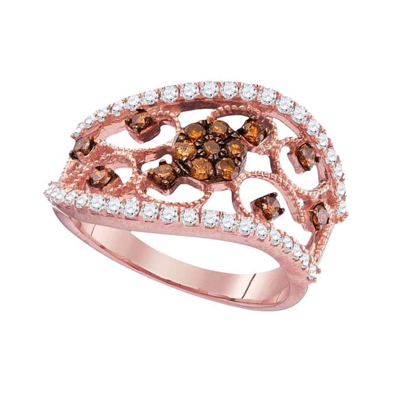 Size 9.5 - 10k Rose Gold Round Chocolate Brown Diamond Filigree Band Ring 7/8 Cttw