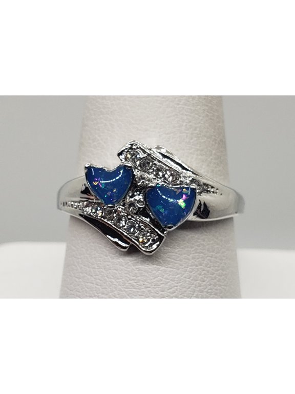 Size 9, Blue Fire Opal Double Heart Ring