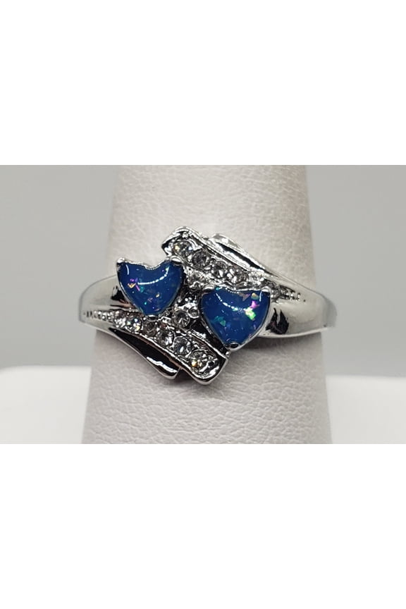 Size 9, Blue Fire Opal Double Heart Ring