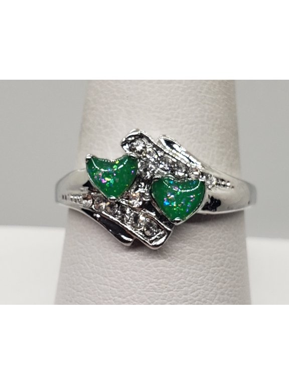Size 9, Green Fire Opal Double Heart Ring