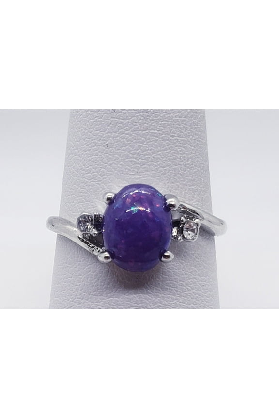 Size 9, Purple Fire Opal Silver Ring