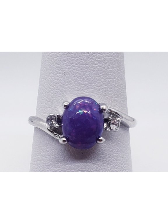 Size 9, Purple Fire Opal Silver Ring