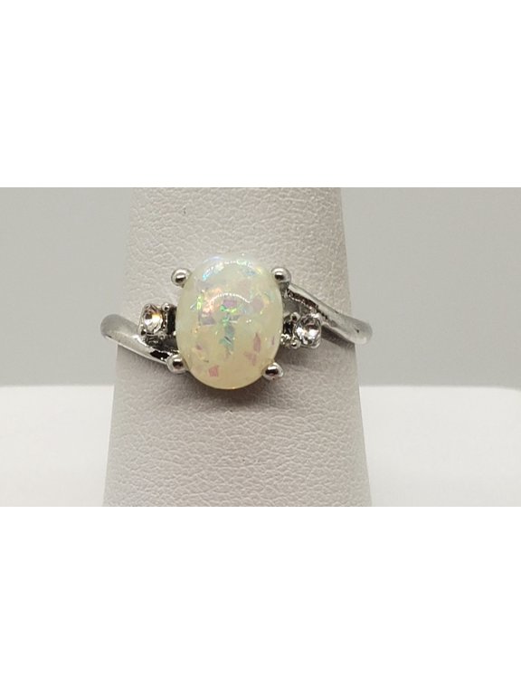 Size 9, White Fire Opal Topaz Silver Ring