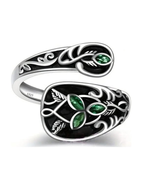 Size Adjustable Plant Leaves Rings Green Stone Jewelry Victorian Inspired Nature Lover Gift Art Nouveau Spoon Rings
