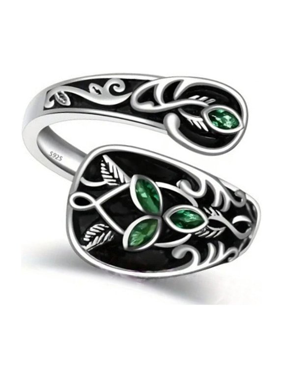 Size Adjustable Plant Leaves Rings Green Stone Jewelry Victorian Inspired Nature Lover Gift Art Nouveau Spoon Rings