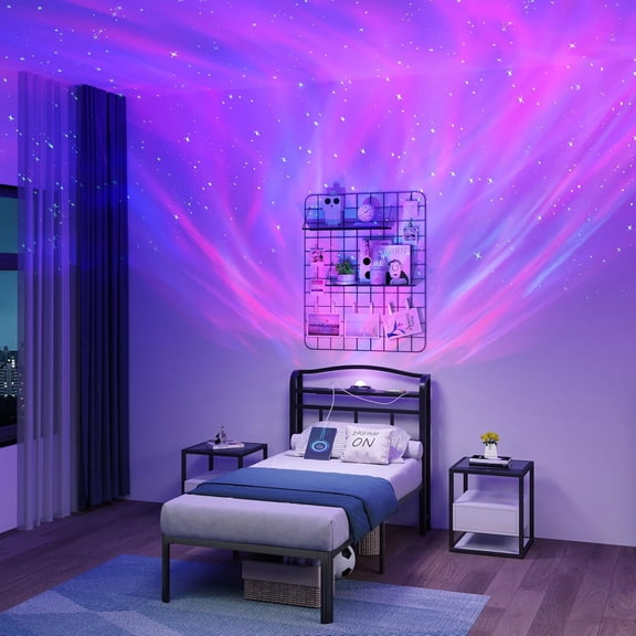 Size Bed Frame - 14 Inch Bedframe with Headboard & Station Basic Slats Platform with Galaxy Projector No Box Spring Needed, Noise-