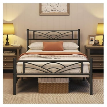 Size Bed Frame, Metal Platform Bed Frame, Mattress Foundation with Cloud-inspired Design Headboard, No Box Spring Needed, Sturdy Steel Slats, Under bed Storage, Black