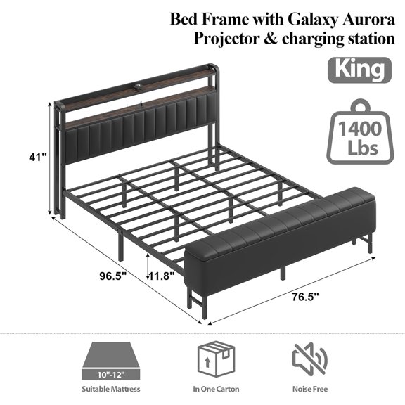 Size Bed Frame with Projector & Charging Station, PU Leather Upholstered Platform with 2-Tier Storage Headboard & Storage Ottoman, Metal Support, Noise-, No Box Spring Needed, Black