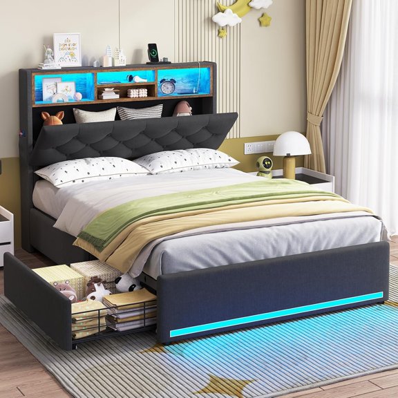 Size Bed Frame with  Storage Headboard and 4 Drawers, Upholstered Platform Bed  with LED Lights &  Station, No Box Spring Needed, Noise-Free, Dark Grey