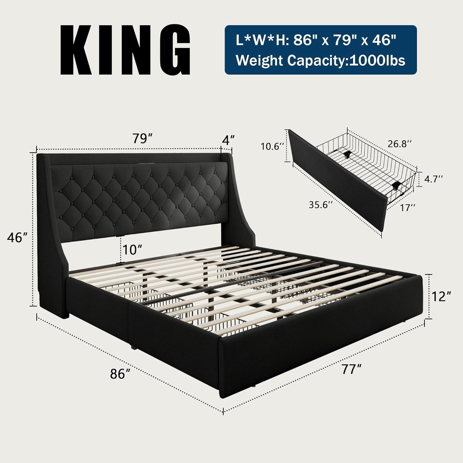 Full Size Bed Frame With 4 Storage Drawers & Wingback Headboard - Fast Charging Station, Light Gray, No Box Spring Needed