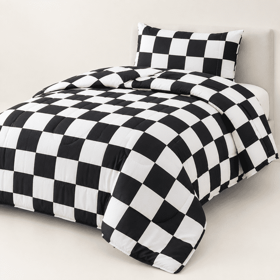 Size Black&white Plaidforter Set For &4 Pieces Bed-in-a-bag Bedding All Season Ultra Soft Oeko Tex Sheets With (chequered Flag)