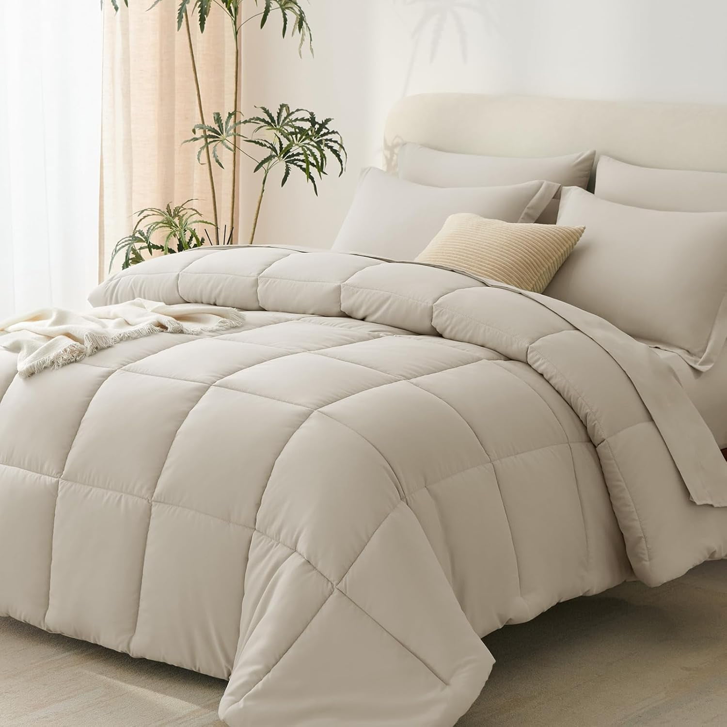 Size Comforter Set - 7 Pieces Bed in a Bag King, Complete Bedding Sets Bed Set for All Season with Comforter, Flat Sheets, Fitted Sheet, Pillowcases & Shams Oatmeal