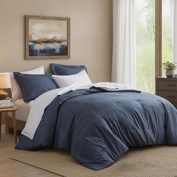 Size Comforter Set, Lightweight 7 count Navy Bed in a Bag Season Chambray Print Bedding Set Ultra Soft Comforter, Farmhouse Sheets, Pillowcase & Sham