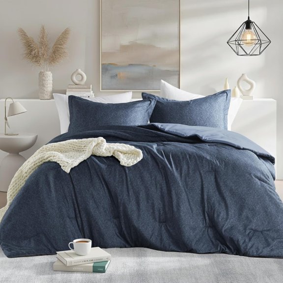 Size Comforter Set, Lightweight Navy Soft Bedding for Seasons, 3 count Chambray Print Solid Farmhouse Bed Set, Comforter & Shams