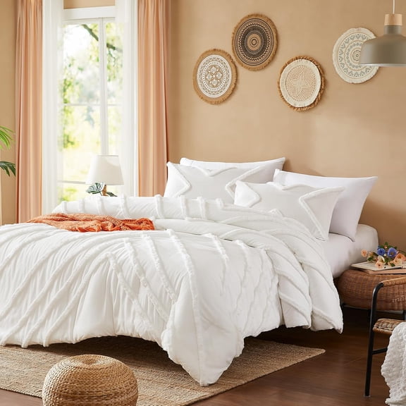 Size Comforter Set, White Boho Tufted with Pom-Pom Trim, Soft Jacquard, Lightweight, All-Season