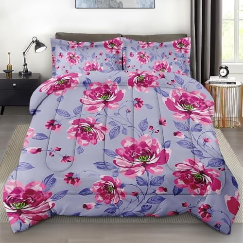 Size Comforter Set with 2 Pillowcases Flower Pink Rose Floral Bedding Set r Vintage Botanical Leaf Leaves Bedroom Bed Set for Kids and Adults
