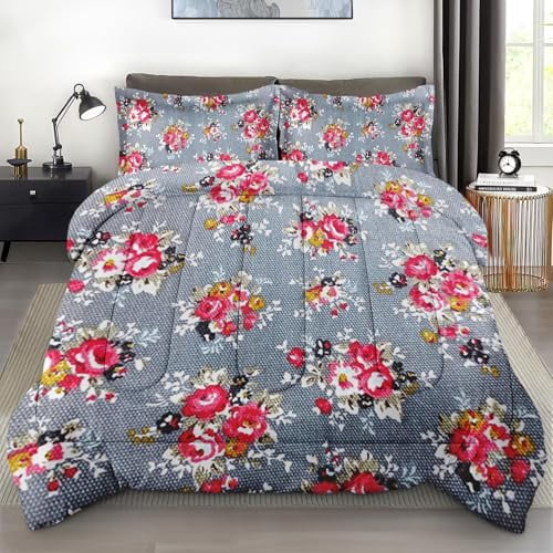 Size Comforter Set with 2 Pillowcases Vintage Floral Cute Flower Bedding Set r Leaf Pink Red Rose Retro Bedroom Bed Set for Kids and Adults