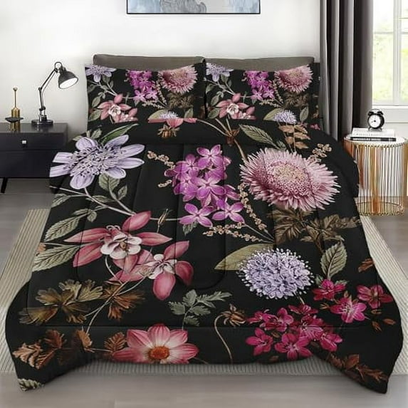 Size Comforter Set with 2 Pillowcases Vintage Rose Colorful Floral Bedding Set r Flower Painting Pink Spring Bedroom Bed Set for Kids and Adults