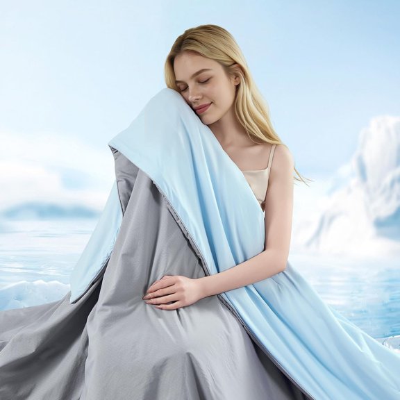Size Cooling Comforter, -Sided Cooling Blanket for Hot Sleepers & Night Sweats, Q-Max 0.4 Lightweight Soft Breathable Silky Smooth Reversible Summer Comforter (Gray Blue)