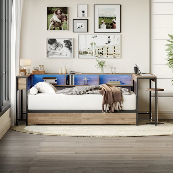 Size Corner Bed Frame with Bookcase Headboard, 2 Underbed Storage Drawers, LED Lights & Charging Station, Modern Space-Saving Bed, Grey
