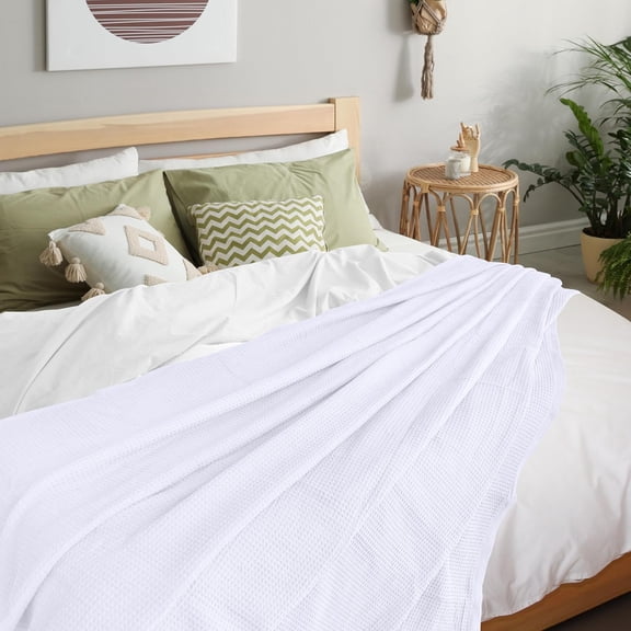Size Cotton Waffle Weave Blanket White 90x108 Soft Thermal Throw for Bed Couch Living Room