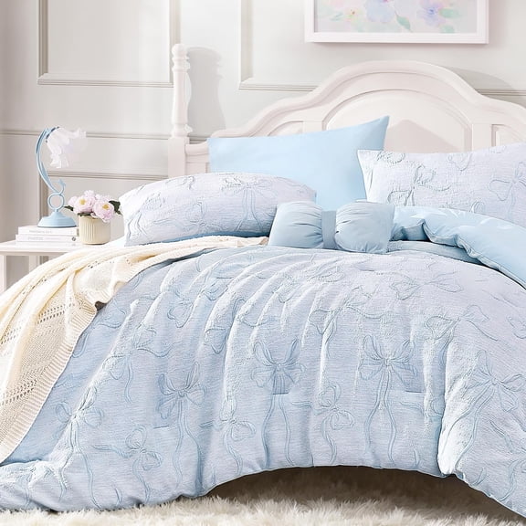 Size Cute Comforter Set, 2 count Light Blue Boho Tufted Bedding Set,  Puffy Bow Comforters for  Seasons (1 Comforter, 1 Pillow Sham), 66"x90", Light Blue