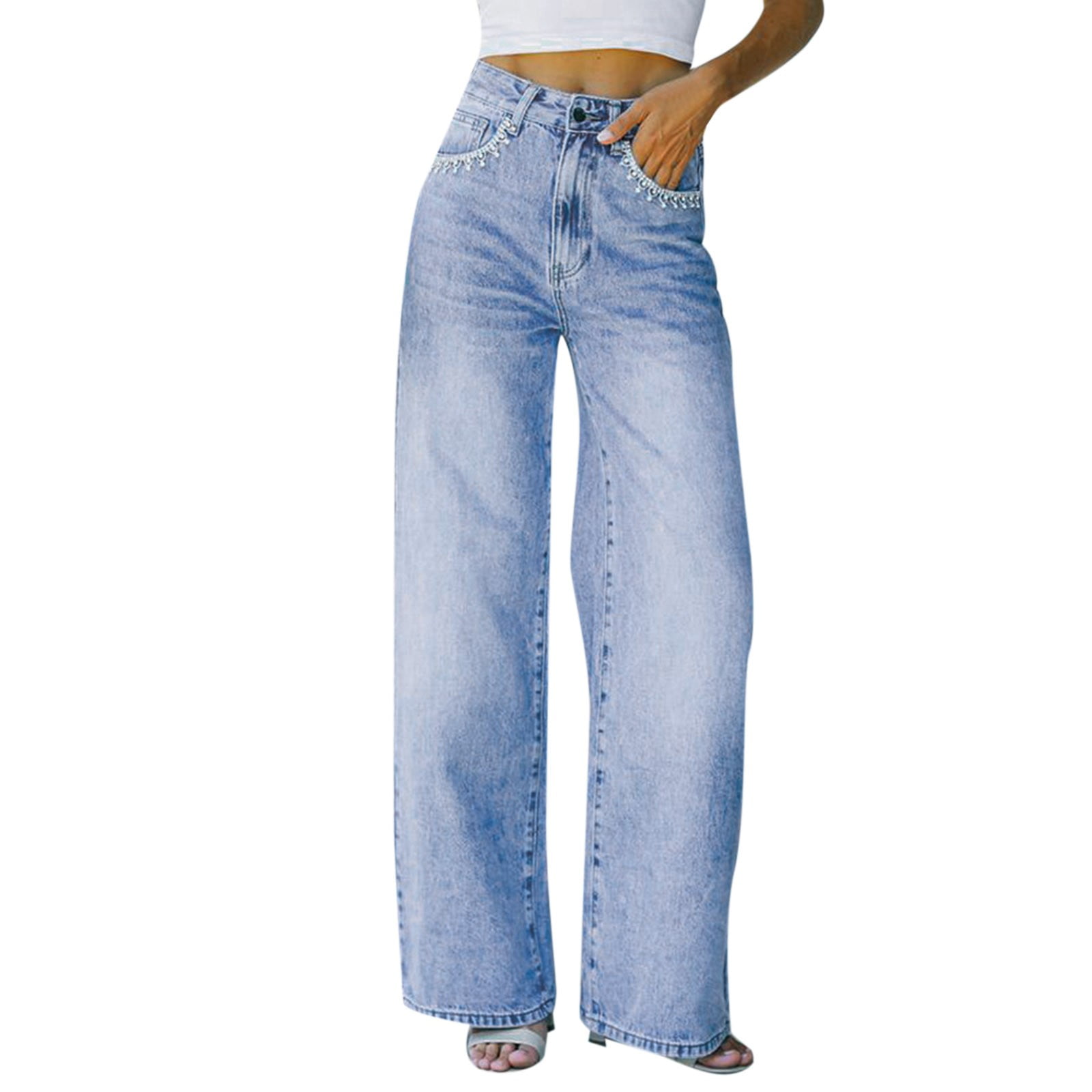 Size Denim Size 16 Pants for Women Women Pants Petal Pocket Waist Jeans  Long Trousers Loose Women's Jeans Casual Wide Leg Pants Denizen Boot Cut 
