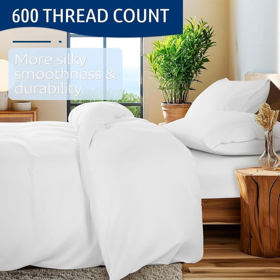 Size Duvet Covers - 600 Thread Count, Luxury Sateen Weave Egyptian Cotton Comforter Cover with Zipper Closure & Corner Ties, Hotel Bedding Duvet Covers 3 Piece (White)