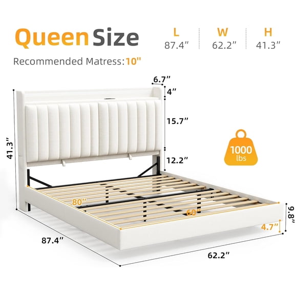 Size Floating Bed Frame with Ergonomic Hidden Storage Headboard and LED Lights, Visual Floating LED Bed Frame with Charging Station, Velvet Upholstered Platform Bed, Heavy Duty, White