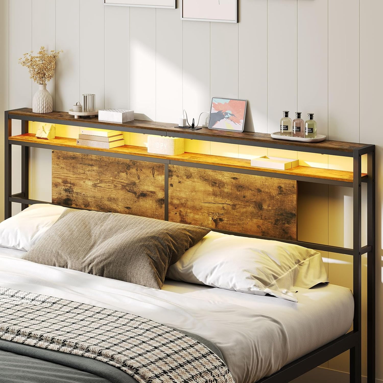 Headboard Stack Rack Size Headboard with Light and Outlets, Headboard with 2 Storage Shelves ...