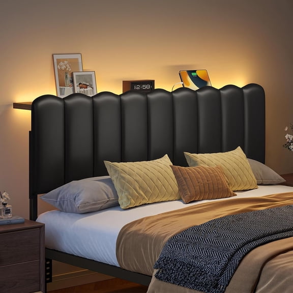 Size Headboard with LED Lights, Modern Scalloped Upholstered Headboard with Storage Shelf, Remote Control, Black